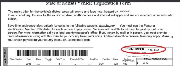 Screenshot that shows where the pin number is located on the state of Kansas vehicle registration form