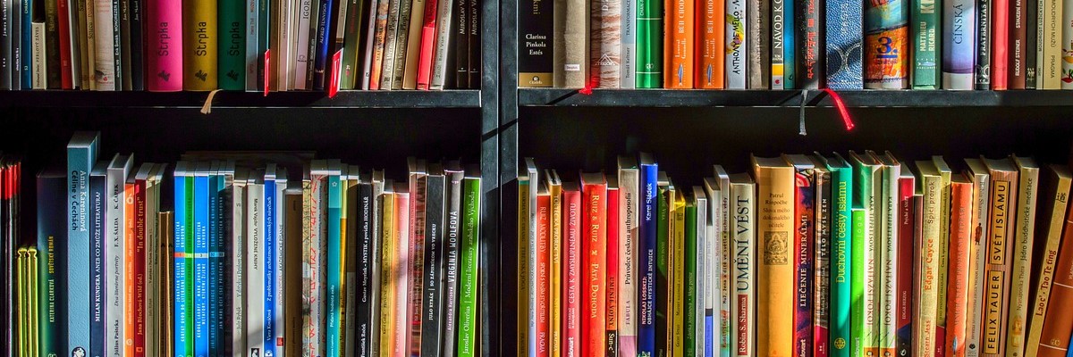 Colorful shelves of books stock photo