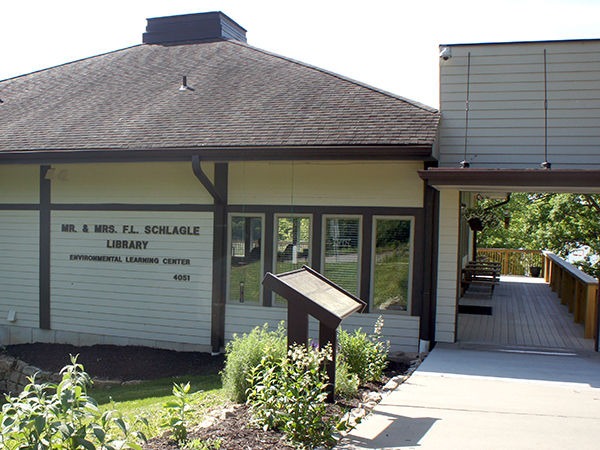 F.L. Schlagle Library walkway and exterior sign