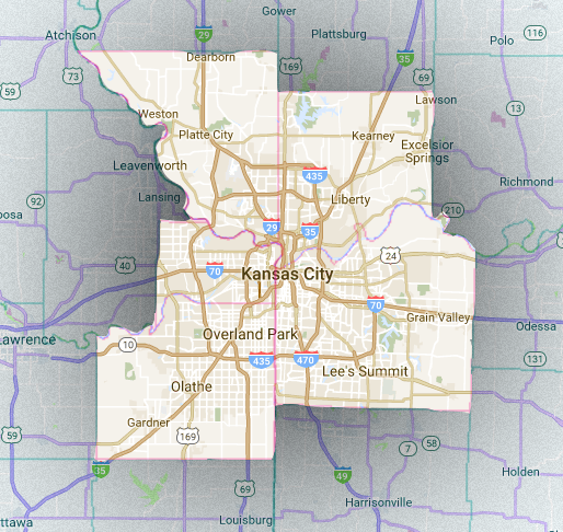 Service area map around Kansas City metro area