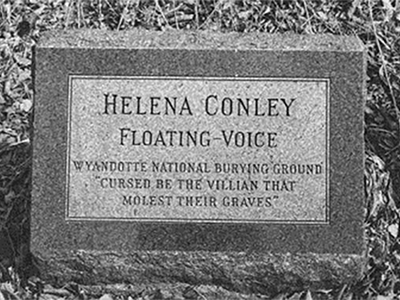 Black and white photo of Helena Conley's grave marker