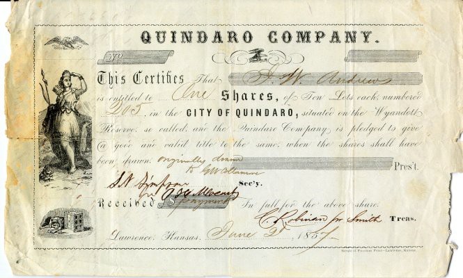 Historic document certifying Quindaro Company shares, dated 1857