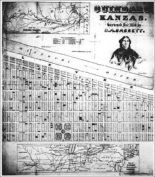 Historical Quindaro, Kansas map showing topography of area and detailed street plan