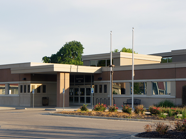 South Branch Library front entrance and roofline