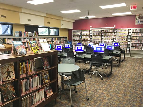 Turner Community Library interior with multiple shelves of books and computer stations