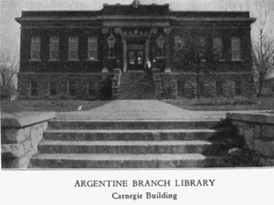 Black and white photo of Argentine Branch Library Carnegie building