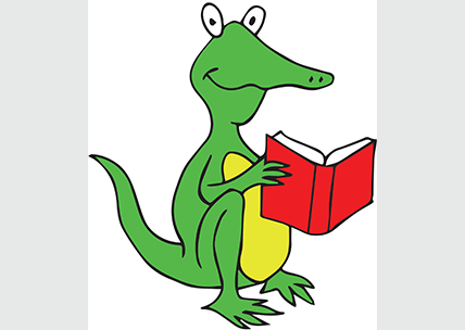 Illustrated drawing of RU Reading, a green lizard reading a red book