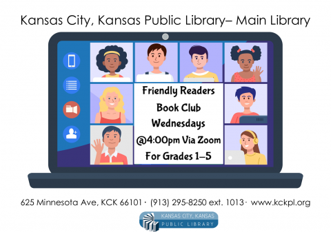 Computer screen with children. Friendly Readers book club. Wednesdays, at 4pm.