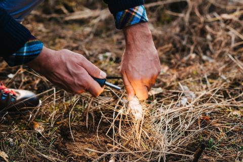 person starting a fire