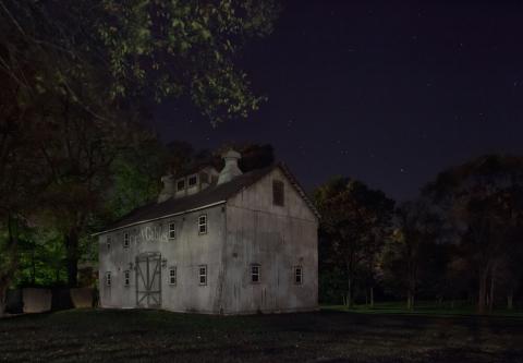 barnyards and farmhouse, with a tunnel leading underneath the road to another station, Centerville, Indiana,