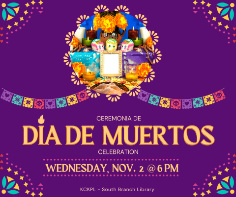 Dia de Muertos flyer with papel picado and sugar skulls on an altar