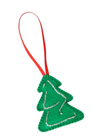 A green felt christmas tree sewn with a red ribbon loop on top. 