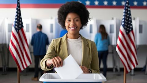 Side view portrait of a happy smiling american voter woman looking cheerful at the camera voting and putting her ballot in bin on election day standing at vote center with USA flags