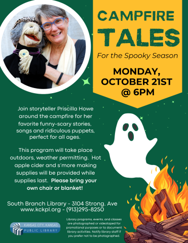 Flyer for campfire tales program featuring photo of Priscilla Howe with a puppet as well as an image of a ghost rising from a campfire.