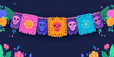 different colored papel picado with sugar skulls against a dark purple background