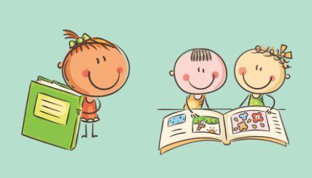 smiling toddlers with books 