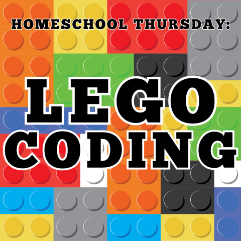 Multi-colored Lego bricks with the words "Homeschool Thursday: Lego Coding"