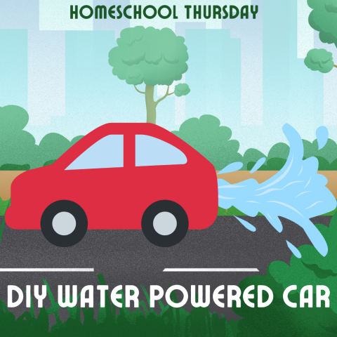 red car that has water coming out of the exhaust dring on a city road with the words "Homeschool Thursday: DIY Water Powered Car"