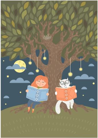 Girl and cat reading under a tree with night sky