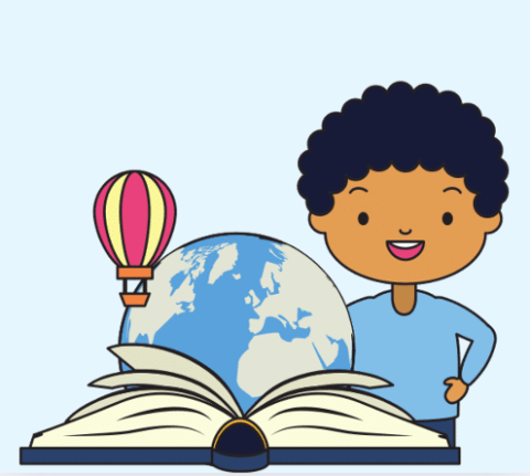 Child with dark hair, blue shirt, standing by a world globe and an open book