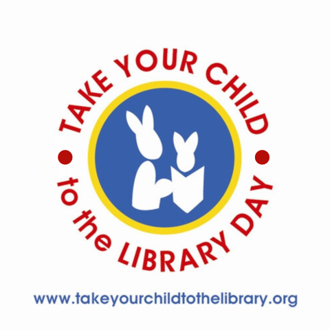 Take Your Child to the Library Day logo featuring an icon of two rabbits reading one book in a blue circle.