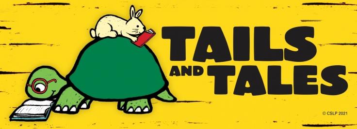 Tails and Tales banner image with turtle and rabbit reading together