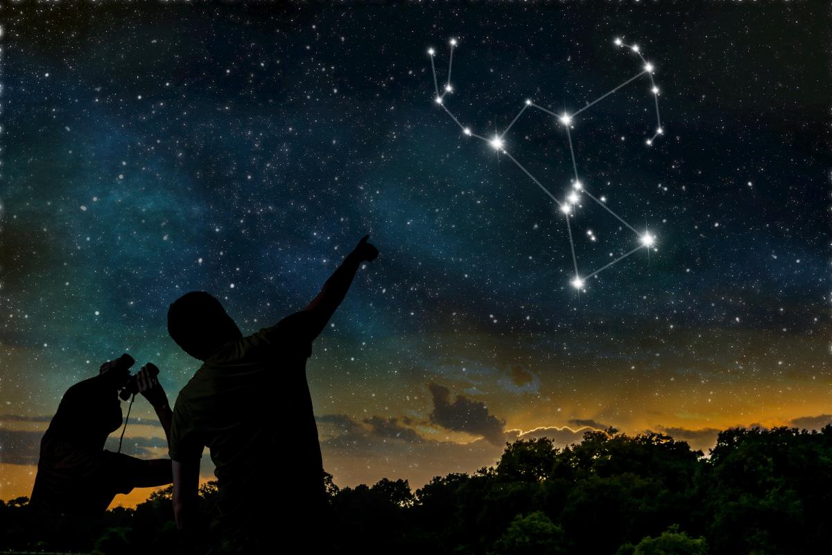 Two individuals look into the night sky to see the stars. 