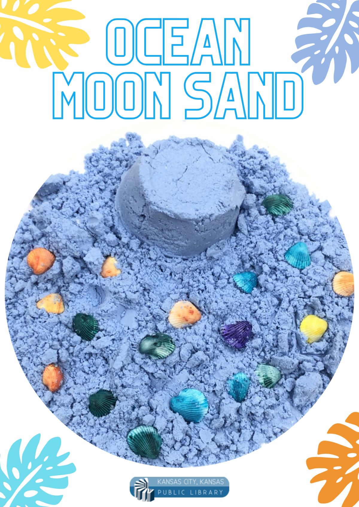 DIY blue moon sand with sea shells. 