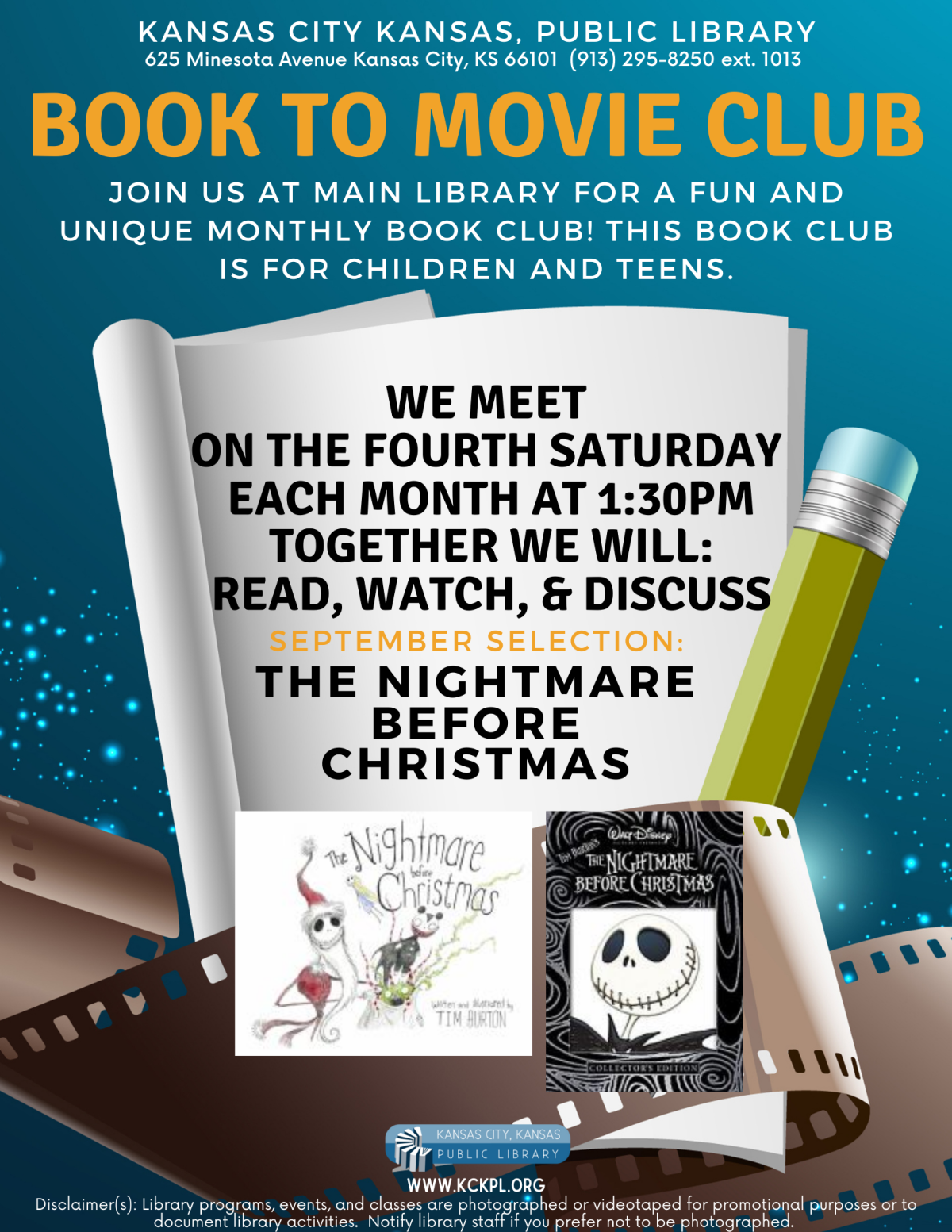 Book to movie club flyer for Main Library. 