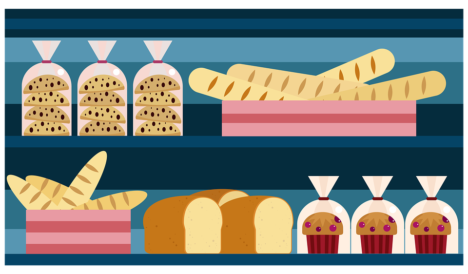 Baked goods on shelves