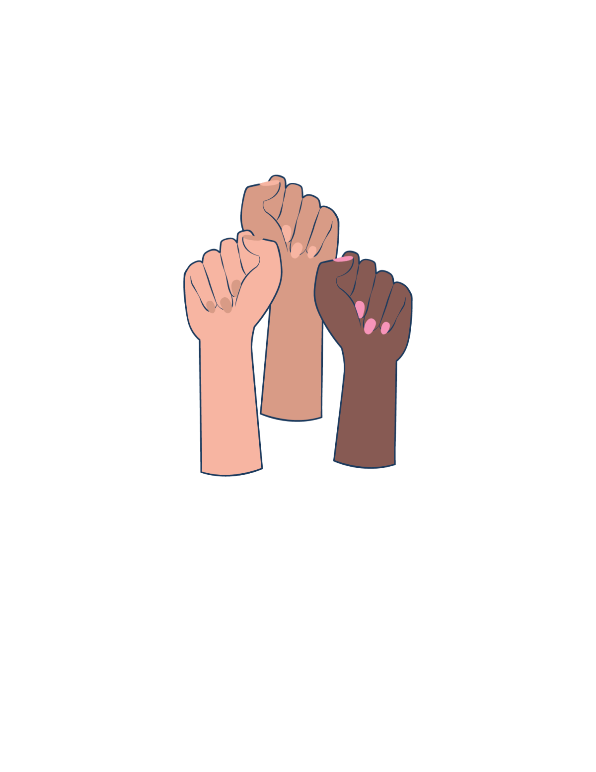 Three fists of varying skin tones raised in unity