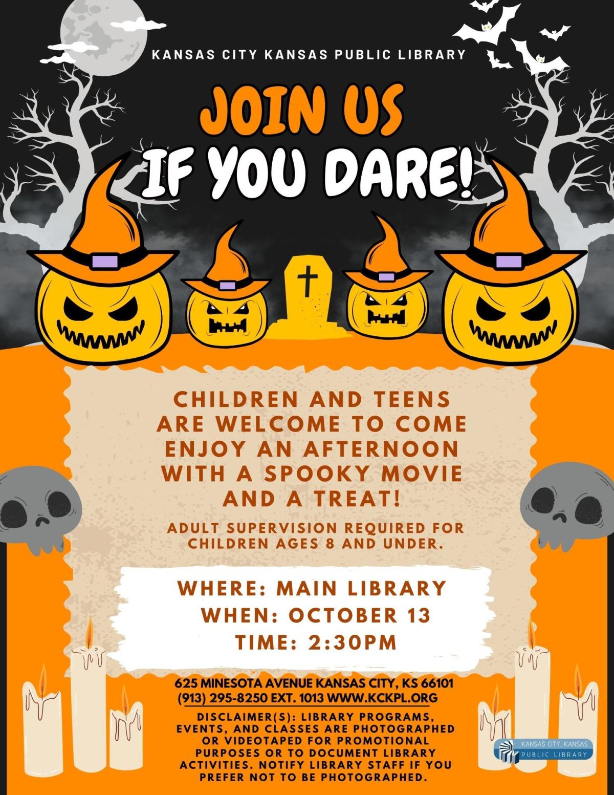 Flyer for Spooky Movie afternoon at Main Library.