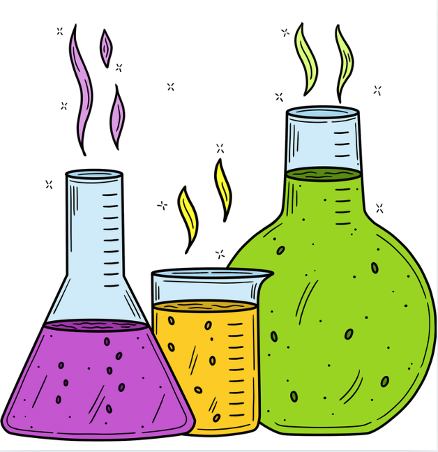 Three beakers with yellow, green, and purple liquid in them.