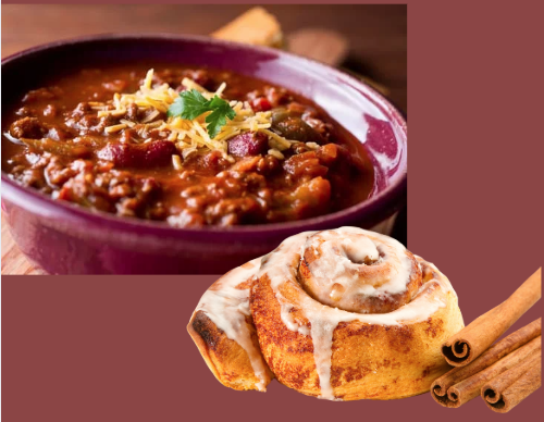 bowl of chili and a cinnamon roll