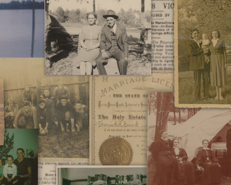 Collage of old pictures and documents from the genealogy collection