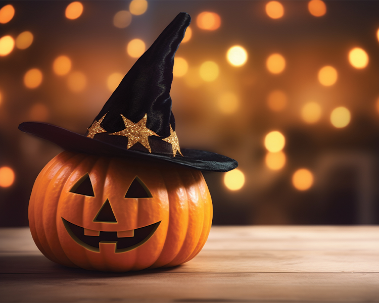 Stock image of jack o' lantern wearing a witch hat in front of a starry background